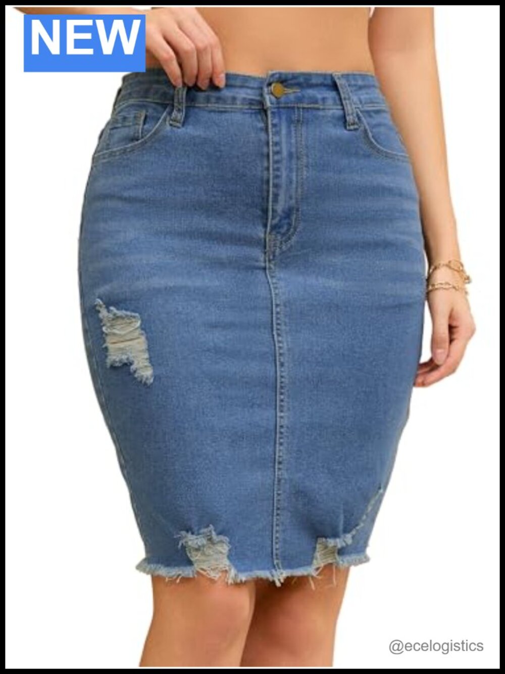 Stretchy Pencil Denim Skirt High Waisted Distressed Raw Hem Button Front